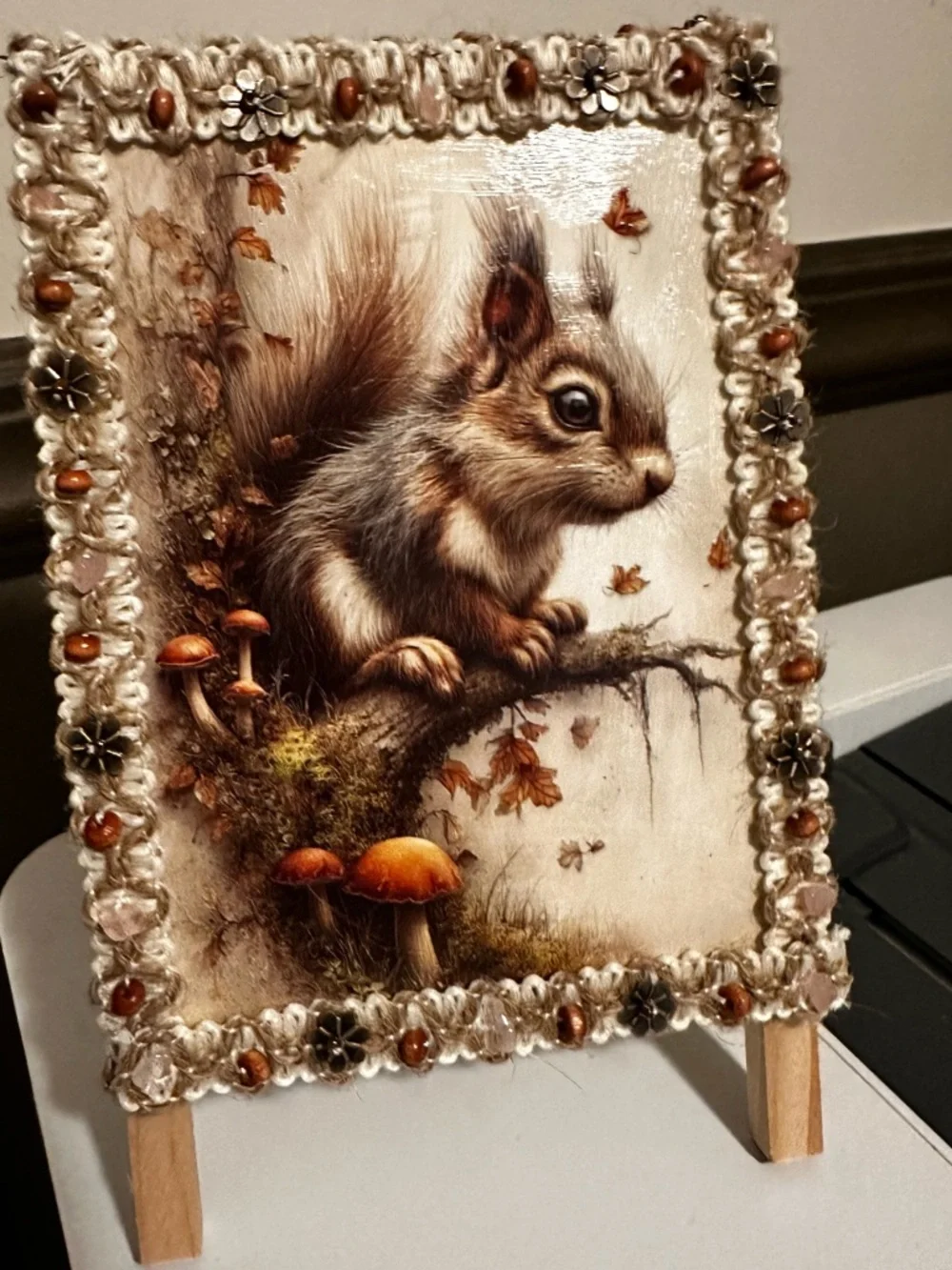 Hand Crafted Autumn Squirrel on wood easel in Brown and Cream